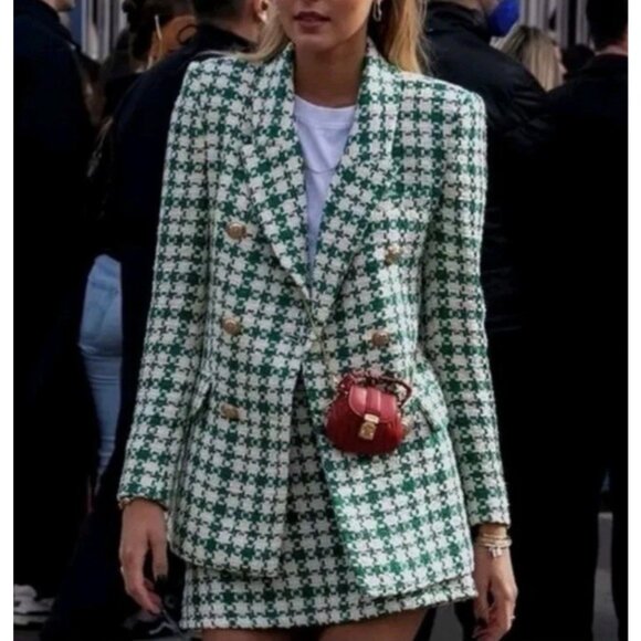 Zara Green Tweed Oversized Double Breasted Blazer Jacket Blogger’s Fave L Large - Picture 3 of 16